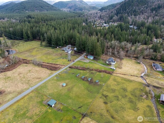 bird's eye view featuring a mountain view and a forest view