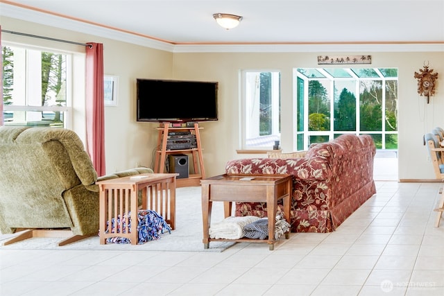 tiled living area featuring ornamental molding