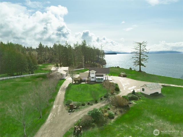drone / aerial view featuring a water view
