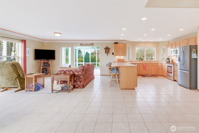 kitchen with open floor plan, light countertops, light brown cabinets, and stainless steel appliances