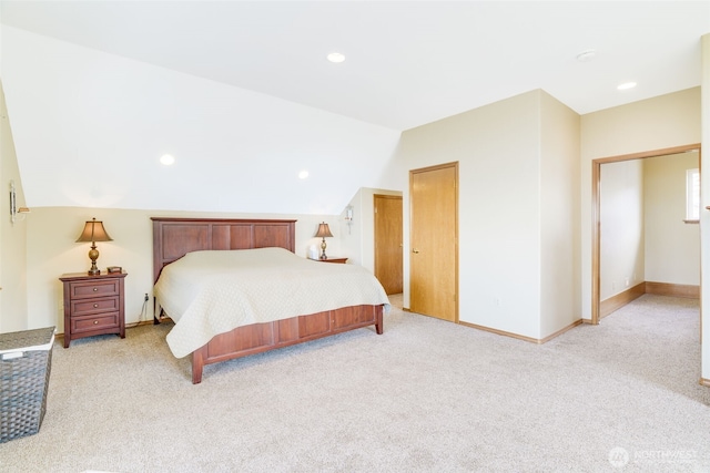 bedroom with light colored carpet, baseboards, vaulted ceiling, and recessed lighting