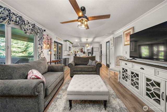 living area with crown molding, a ceiling fan, light wood-type flooring, and a textured ceiling