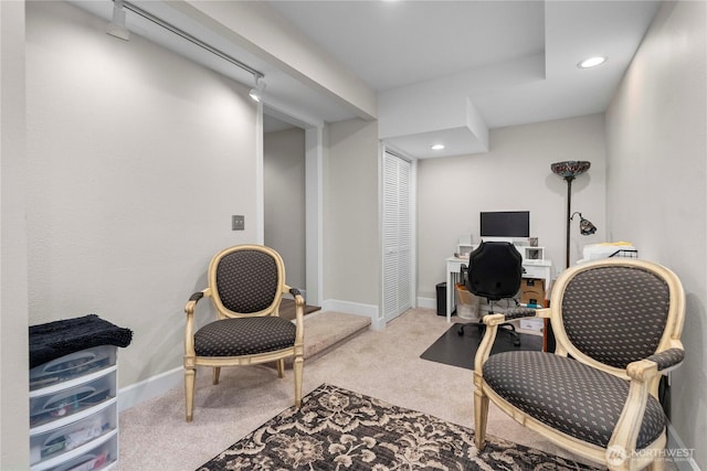 home office with recessed lighting, carpet, and baseboards