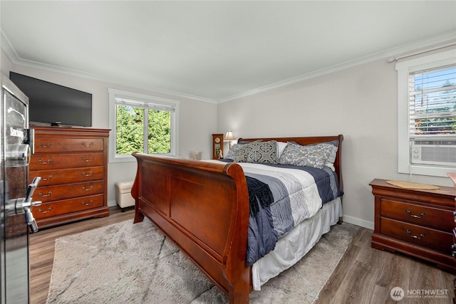 bedroom featuring multiple windows, wood finished floors, and ornamental molding