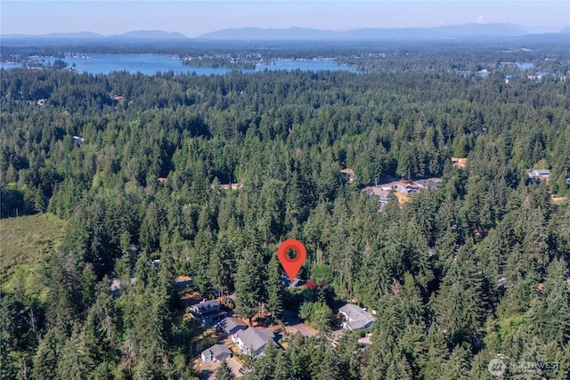 bird's eye view featuring a forest view and a water and mountain view