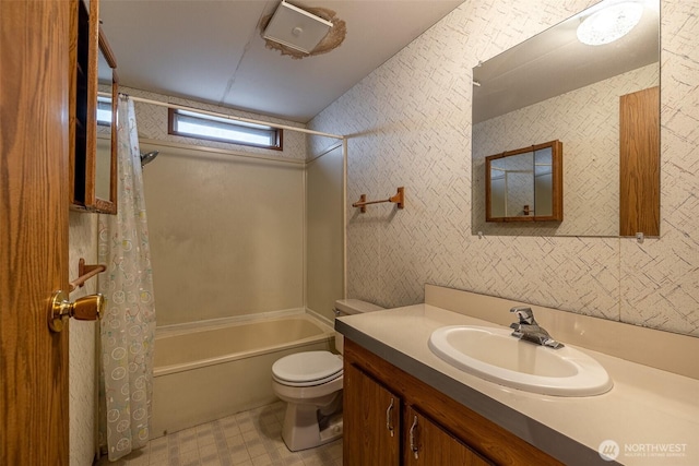 full bath with vanity, wallpapered walls, shower / tub combo, tile patterned floors, and toilet