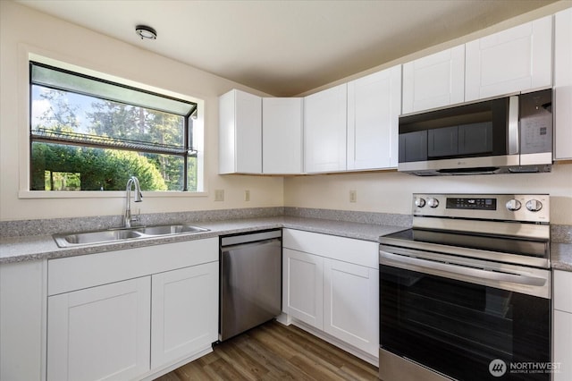 1234 NW Lanyard Loop Unit 1, Oak Harbor, WA 98277 - kitchen featuring stainless steel appliances, a sink, white cabinetry, wood finished floors, and light countertops