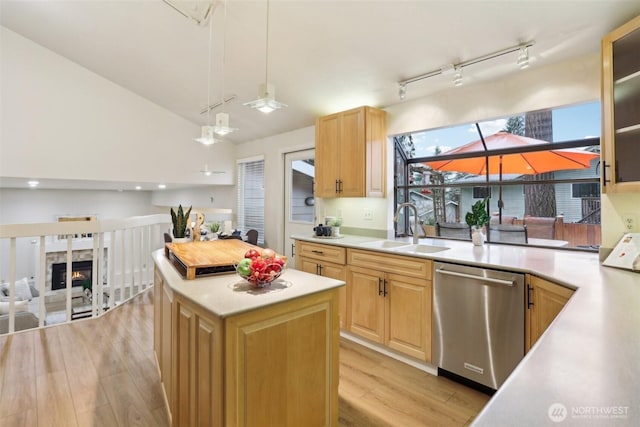 kitchen featuring stainless steel dishwasher, light countertops, and a sink