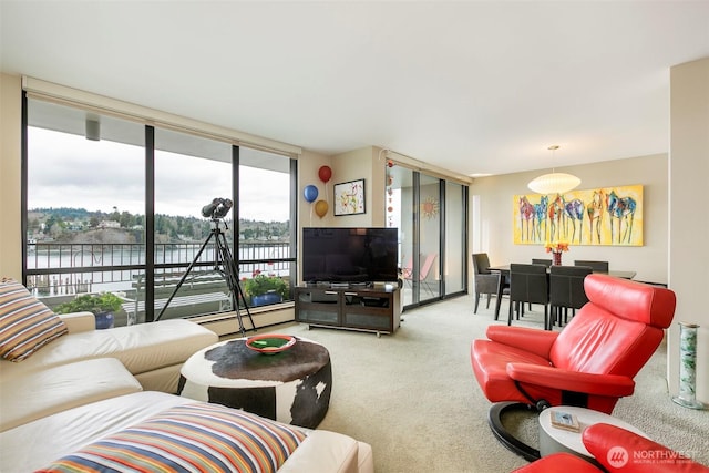 carpeted living area featuring a baseboard heating unit and a wall of windows