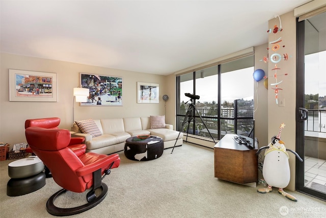 living area with expansive windows, carpet floors, and a baseboard heating unit