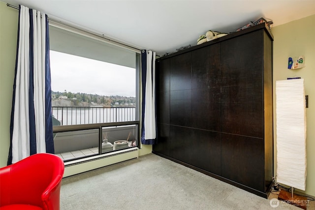 bedroom with carpet, a water view, and a baseboard radiator