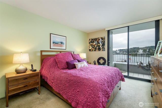 bedroom featuring access to exterior, carpet, and expansive windows