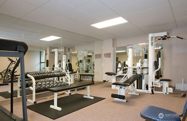 exercise room featuring a drop ceiling