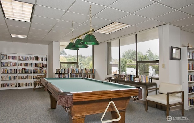 playroom with a drop ceiling, carpet floors, and billiards