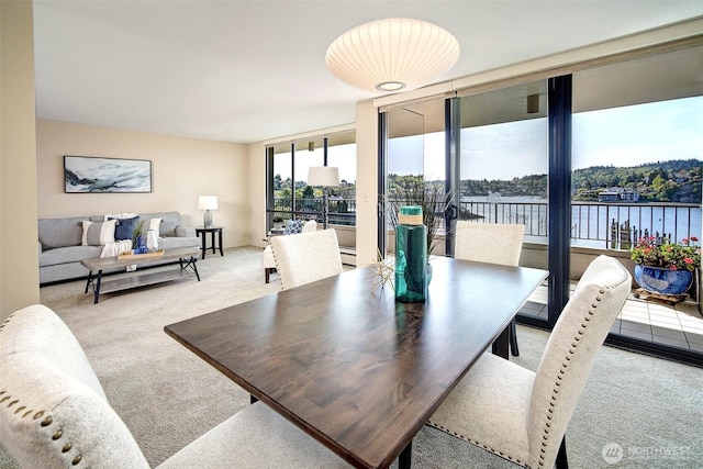 dining area featuring a wall of windows, carpet, a baseboard heating unit, and a water view