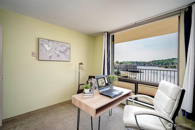 carpeted office space featuring a baseboard heating unit and a water view