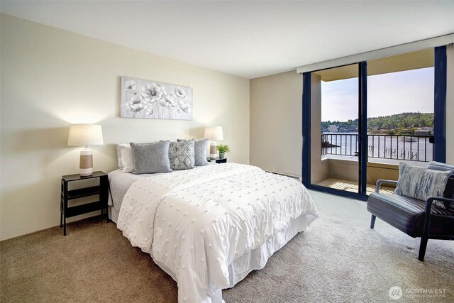 bedroom with a baseboard heating unit, carpet flooring, access to outside, and a water view