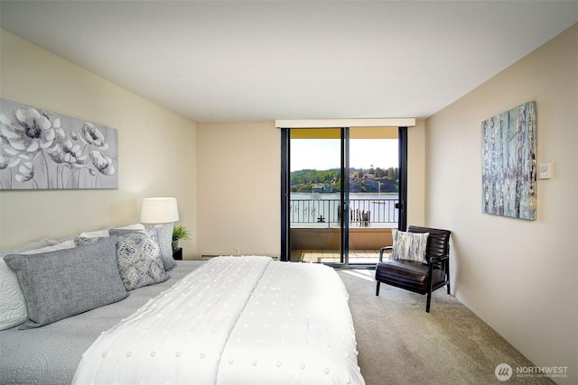 carpeted bedroom featuring access to exterior and a wall of windows
