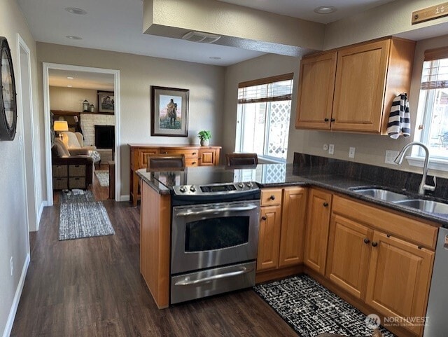 kitchen featuring baseboards, dark wood finished floors, appliances with stainless steel finishes, a peninsula, and a sink