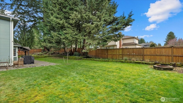 view of yard featuring a fire pit and a fenced backyard