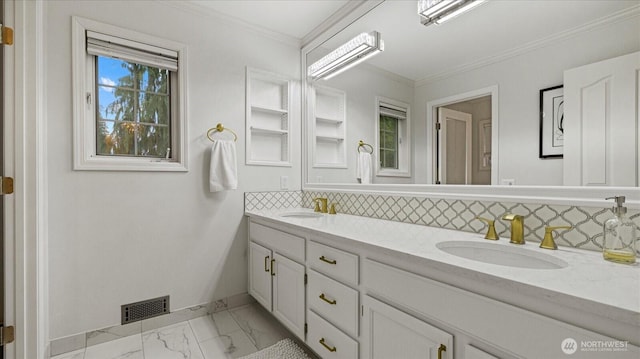 full bathroom with visible vents, marble finish floor, ornamental molding, a sink, and decorative backsplash