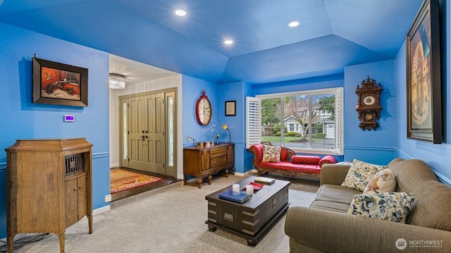 living room featuring recessed lighting, baseboards, lofted ceiling, and carpet flooring