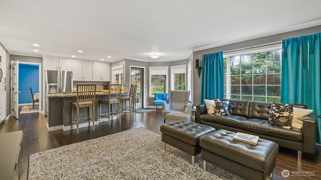 living room with a healthy amount of sunlight, ornamental molding, and dark wood-style flooring