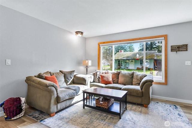 living room with baseboards and wood finished floors