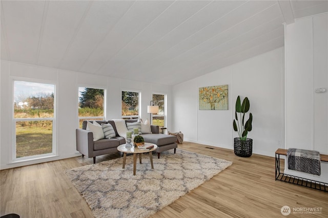 living area featuring lofted ceiling and wood finished floors