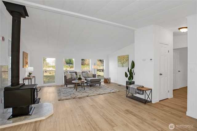 living room with vaulted ceiling, a wood stove, and wood finished floors