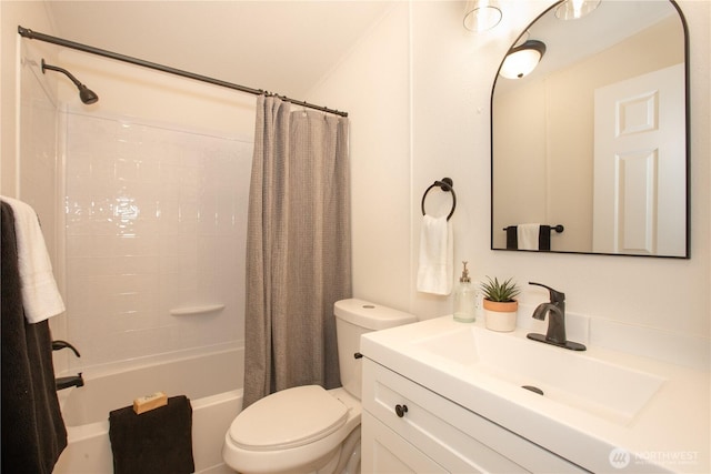 full bath with vanity, toilet, and shower / bathtub combination with curtain