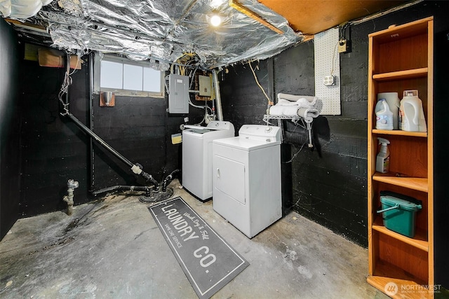 basement featuring electric panel and washing machine and dryer