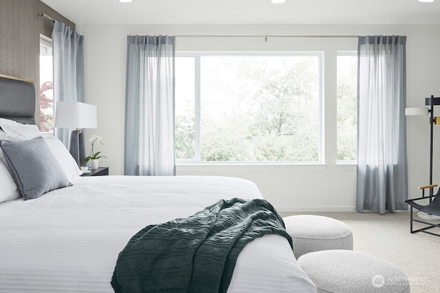 carpeted bedroom featuring baseboards and multiple windows