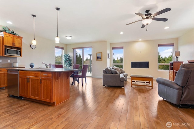 kitchen with a sink, light wood-style floors, appliances with stainless steel finishes, and open floor plan