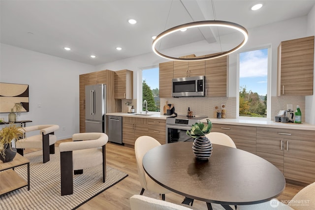 kitchen featuring light wood finished floors, appliances with stainless steel finishes, a wealth of natural light, and a sink