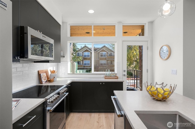 9211A Densmore Ave N, Seattle, WA 98103 - kitchen featuring light countertops, light wood-type flooring, decorative backsplash, appliances with stainless steel finishes, and dark cabinetry