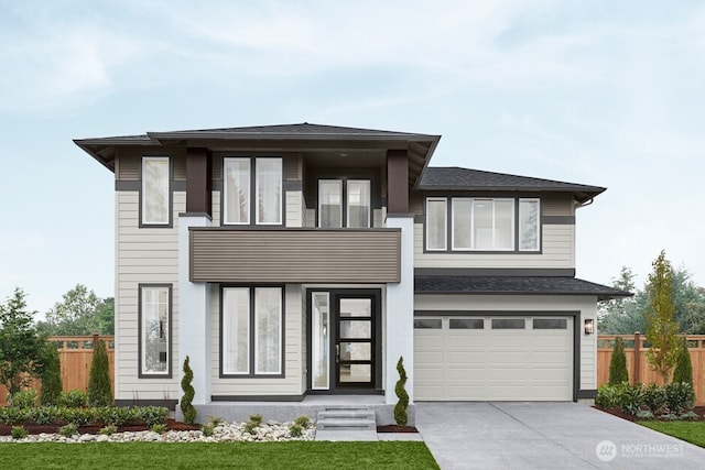 view of front facade featuring an attached garage, concrete driveway, roof with shingles, and fence