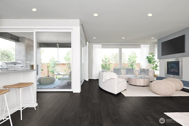 living room with a glass covered fireplace, wood finished floors, and recessed lighting