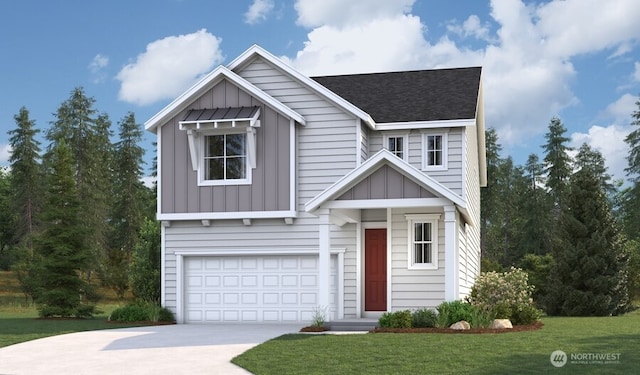 traditional-style home with concrete driveway, an attached garage, board and batten siding, and a front lawn