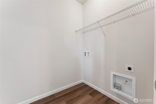 laundry room featuring baseboards, washer hookup, laundry area, electric dryer hookup, and dark wood-style flooring