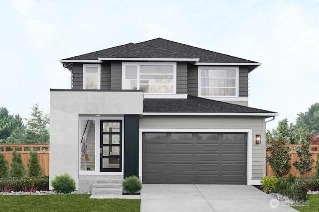 view of front facade featuring driveway, a shingled roof, an attached garage, and fence