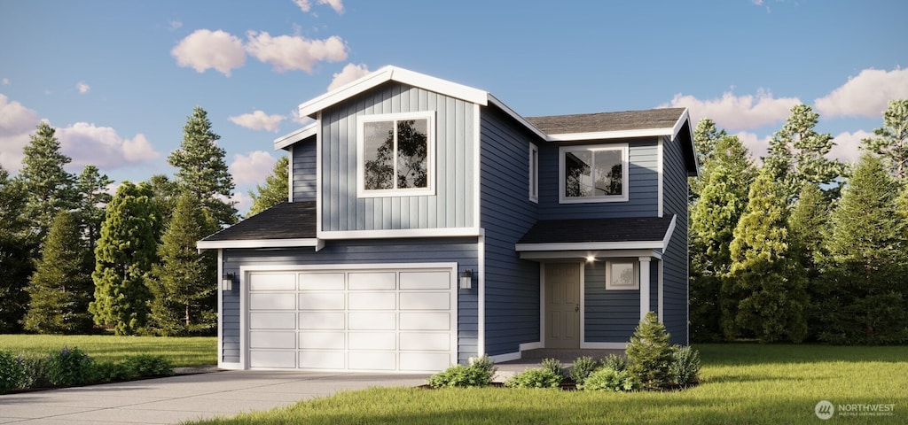 view of front of home featuring a front lawn, board and batten siding, concrete driveway, an attached garage, and a shingled roof