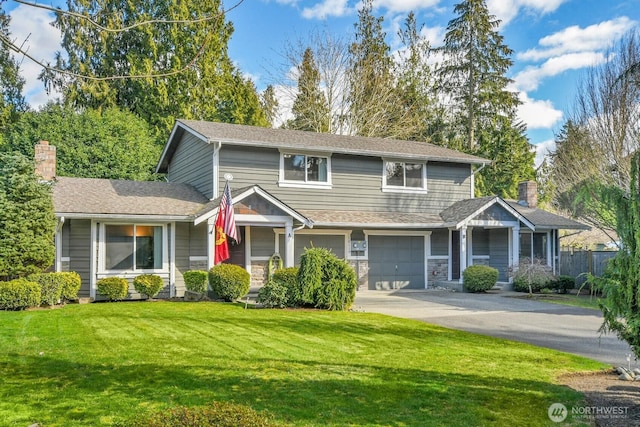 traditional home featuring a garage, a front yard, a chimney, and driveway