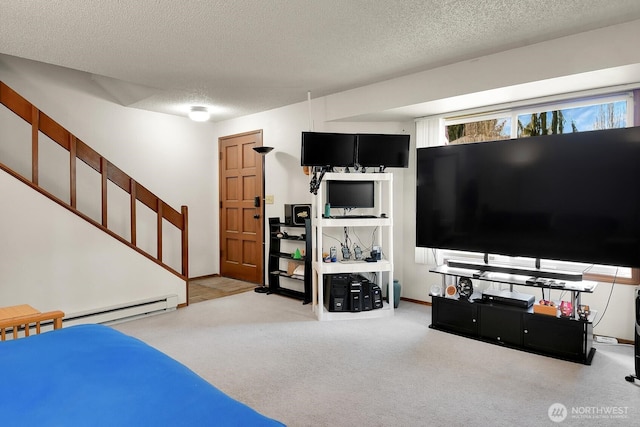 interior space with stairway, baseboards, carpet floors, a textured ceiling, and a baseboard heating unit