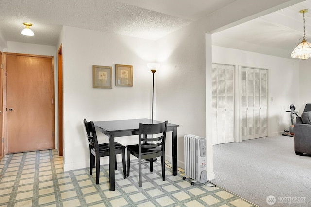 dining space featuring light colored carpet, radiator, a textured ceiling, and baseboards