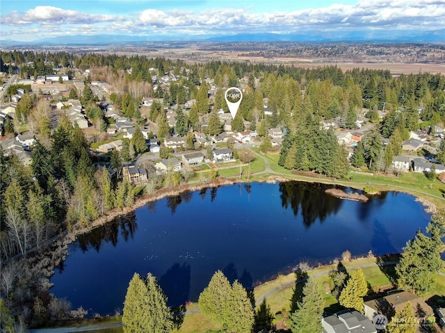 bird's eye view with a residential view and a water view