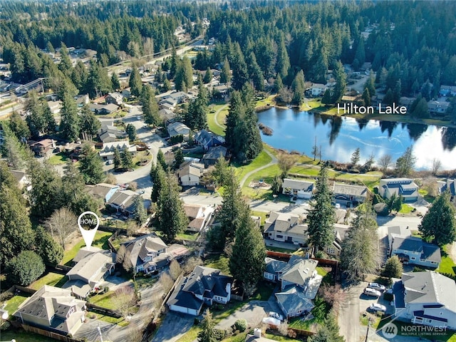 drone / aerial view with a residential view, a view of trees, and a water view