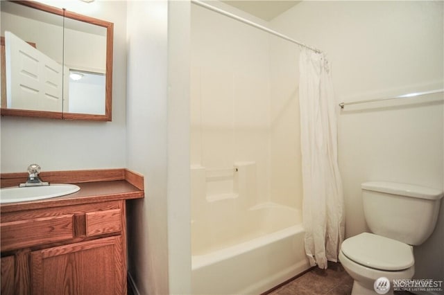 full bath featuring toilet, shower / bath combination with curtain, vanity, and tile patterned flooring