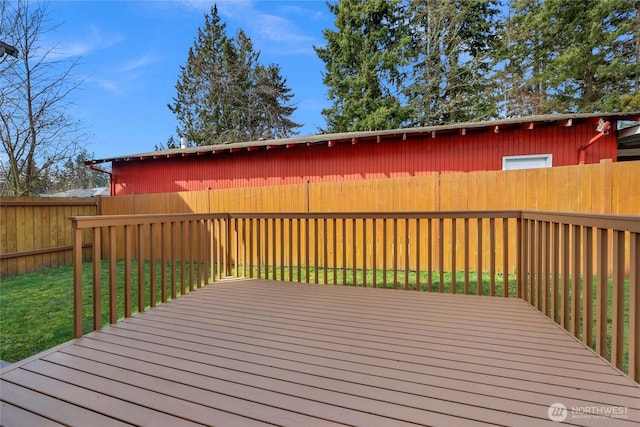 wooden deck featuring fence and a lawn