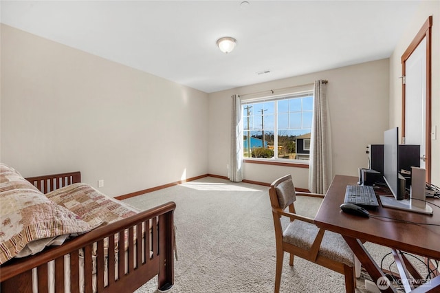 bedroom featuring carpet flooring, visible vents, and baseboards